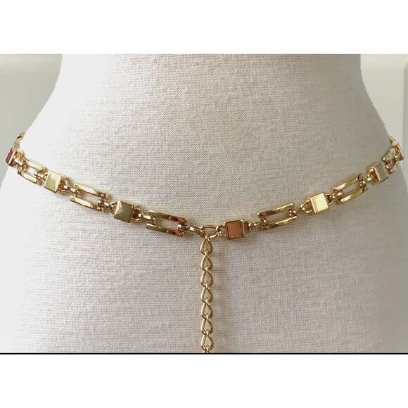 Gold Tone Solid Square Curved Rectangle Chain Belt with Hook and Curb Chain - Picture 1 of 8